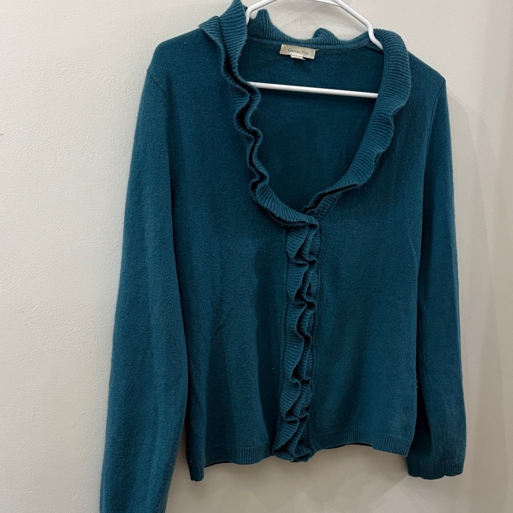 Garnet Hill blue Ruffle Cardigan - women’s XS -100% cashmere